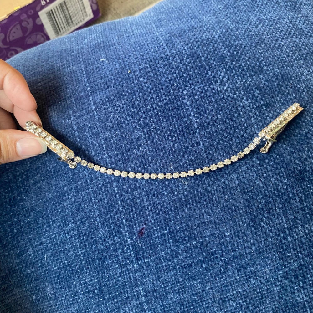 Vintage 1950s Rhinestone Sweater Guard Clips Silver Tone Cardigan Chain